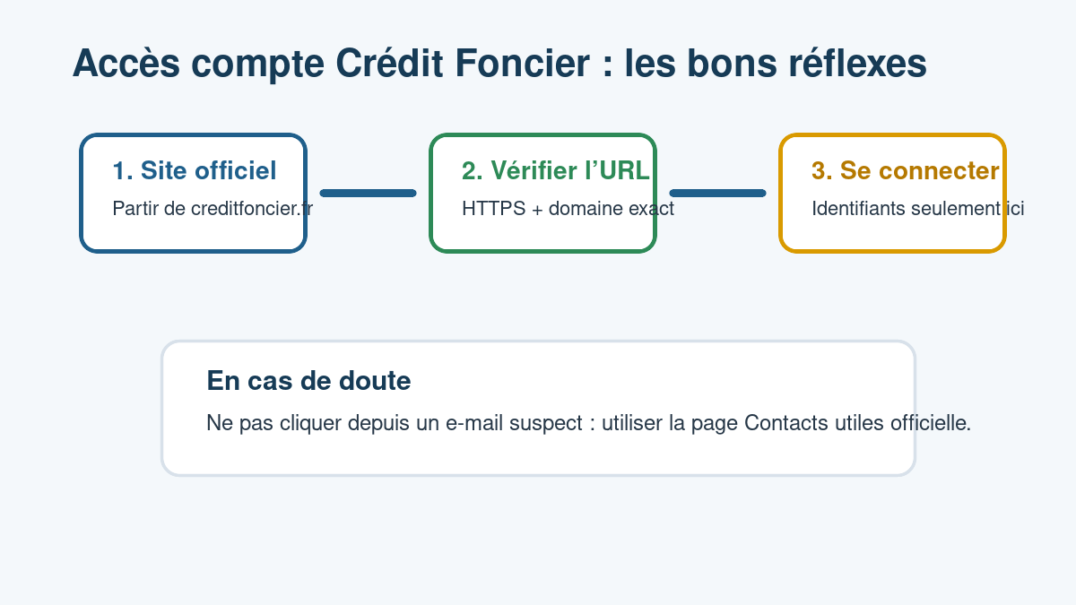 Schéma des étapes pour accéder à mon compte Crédit Foncier en sécurité