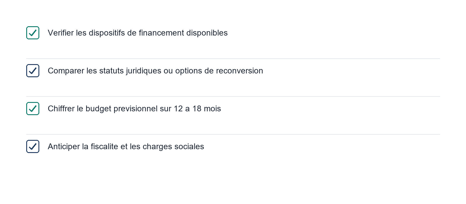 Checklist avant de financer une reconversion ou une creation d'entreprise