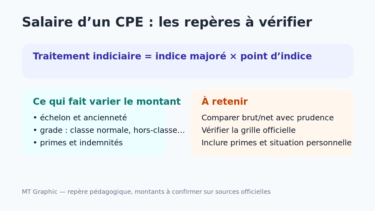 Schéma explicatif sur le calcul du salaire d’un CPE selon indice, échelon et primes